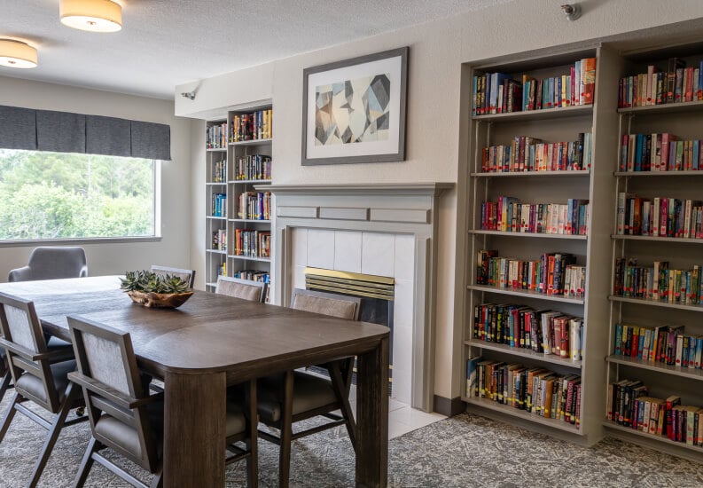 Library Area with Reading Corner for Seniors in Independent Living Community Library Area with Reading Corner for Seniors in Independent Living Community